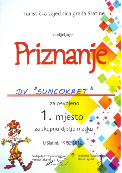 TZ grada Slatine, priznanje za osvojeno 1. mjesto za skupnu dječju masku, 2012. godina