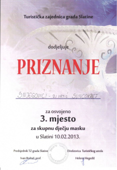 TZ grada Slatine, priznanje za osvojeno 3. mjesto za skupnu dječju masku, 2013. godina