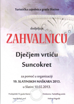 TZ grada Slatine, zahvalnica za pomoć u organizaciji 19. slatinskih maškara, 2013. godina